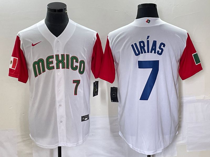 Men 2023 World Cub Mexico 7 Urias White blue Nike MLB Jersey10